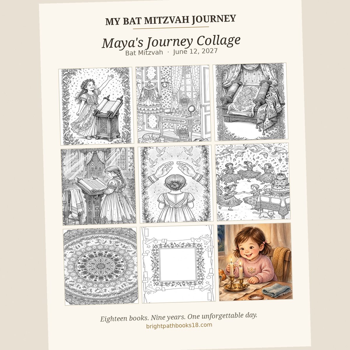Example Journey Collage poster for My Bat Mitzvah Journey, personalized with a sample name and Bat Mitzvah date