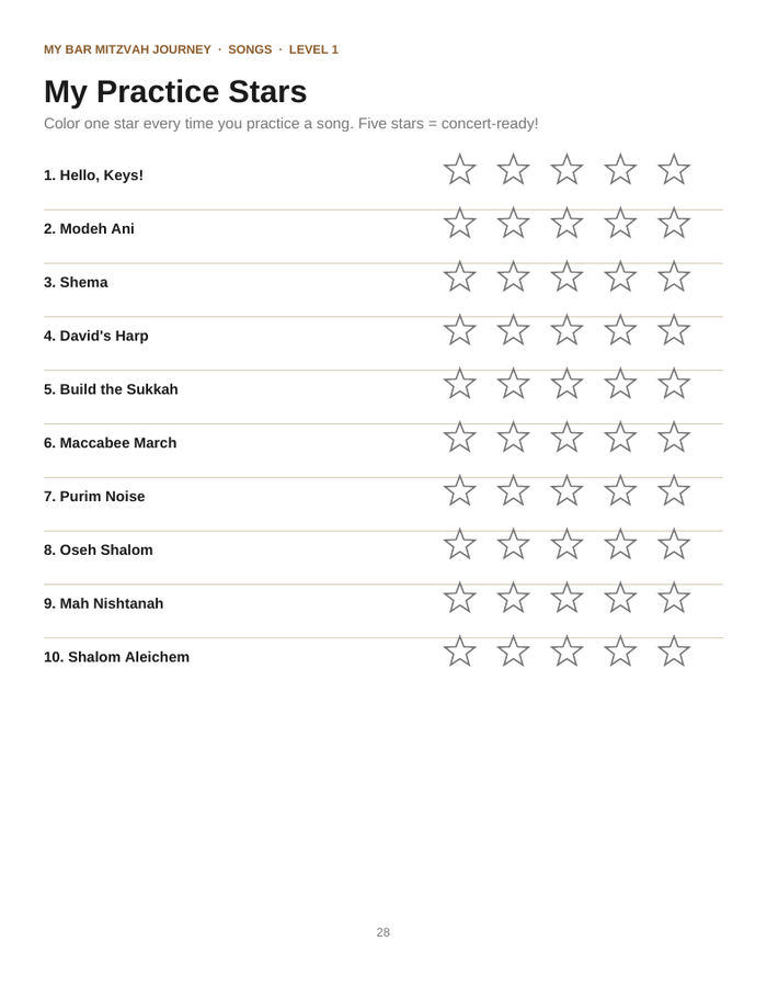 Inside the Bar Mitzvah Songs Level 1 book: practice stars page