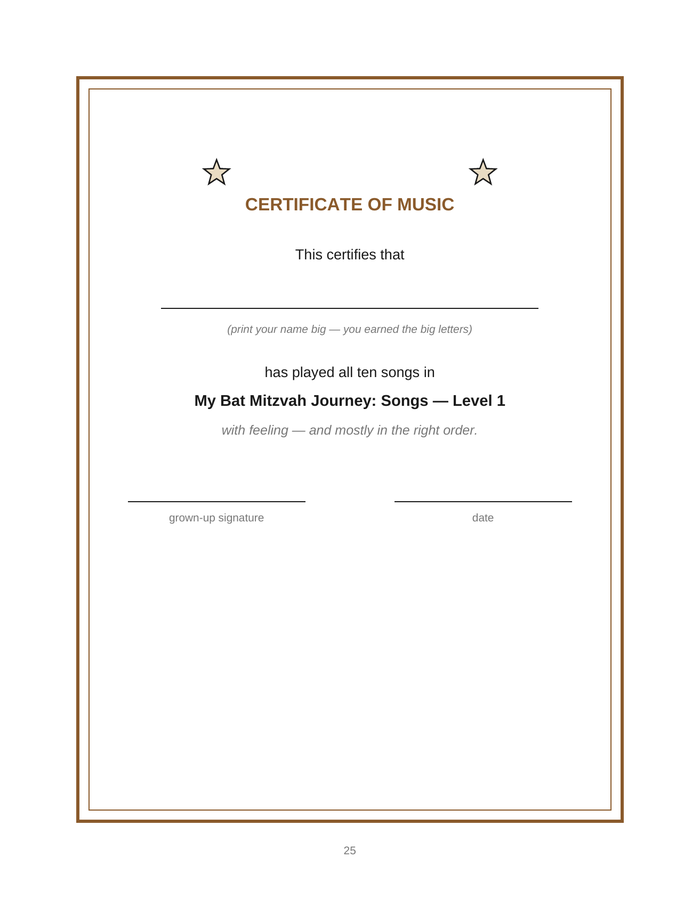 Inside the Bat Mitzvah Songs Level 1 book: the Certificate of Music back-matter page