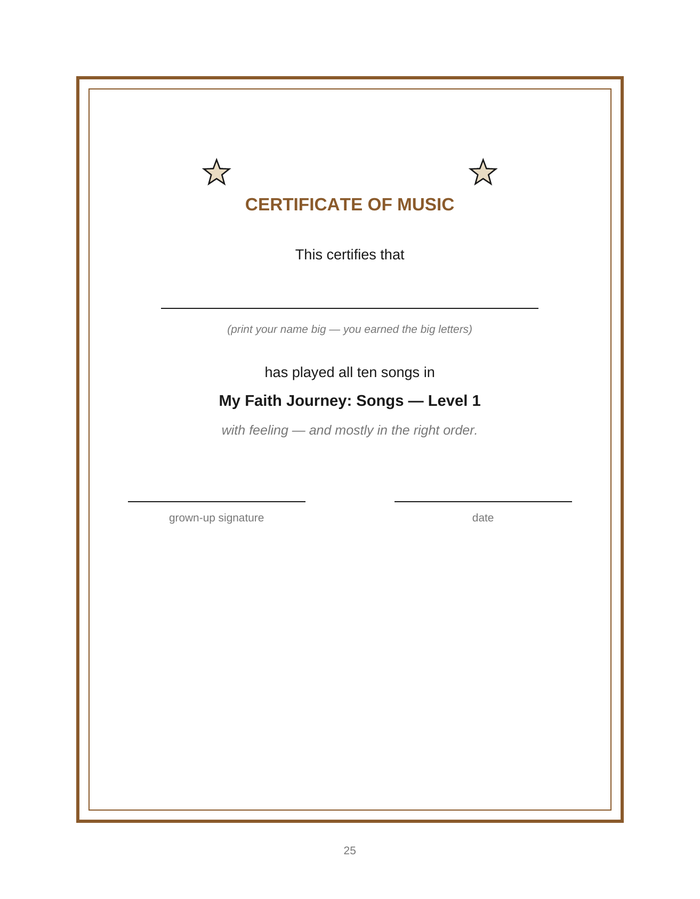 Inside the Faith Songs Level 1 book: the Certificate of Music back-matter page