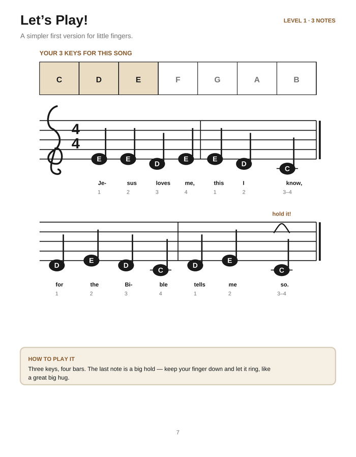 Inside the Faith Songs Level 1 book: big sheet music with lettered noteheads