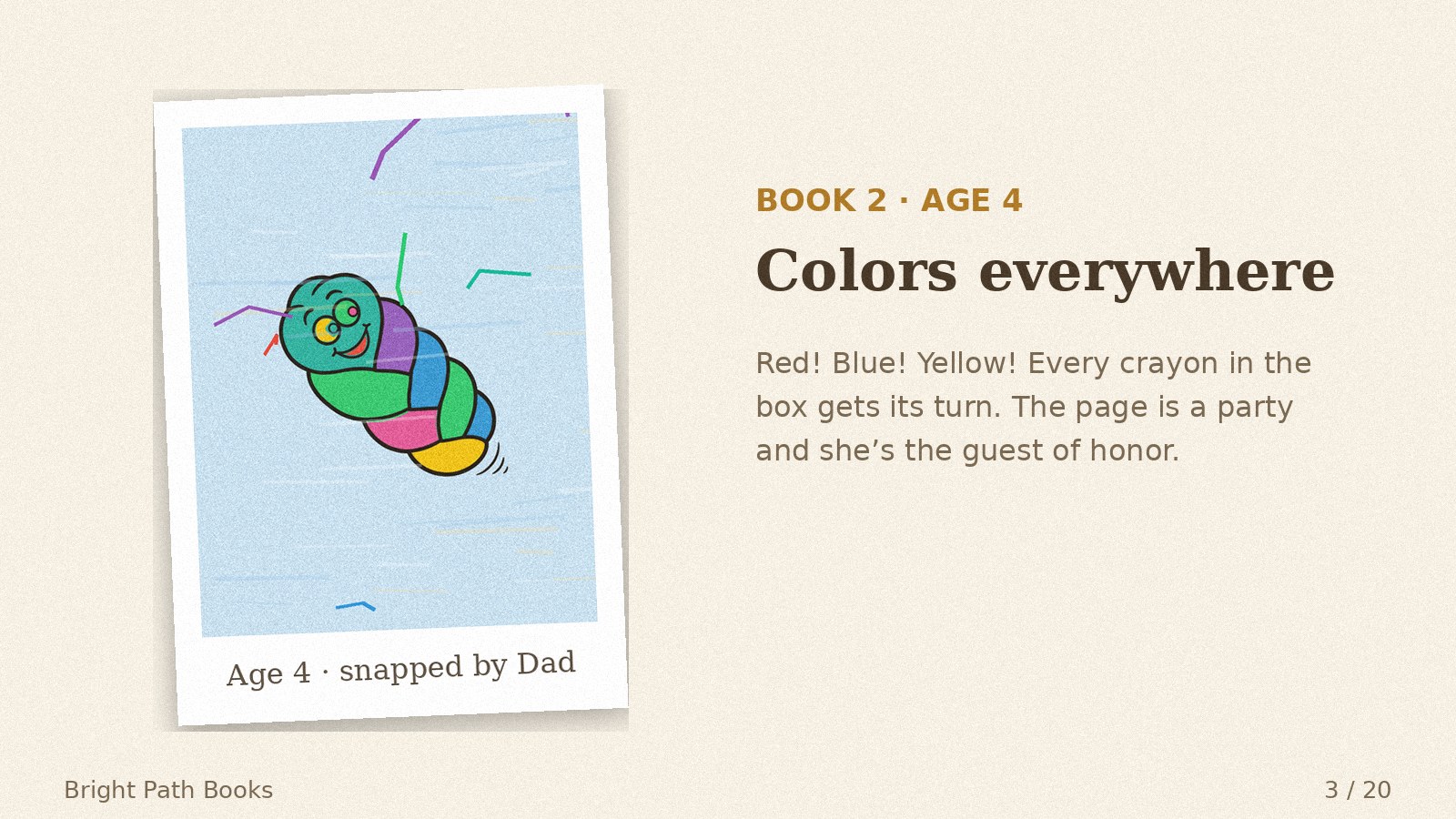 Parent's photo of her Book 2 coloring, age 4: colors everywhere