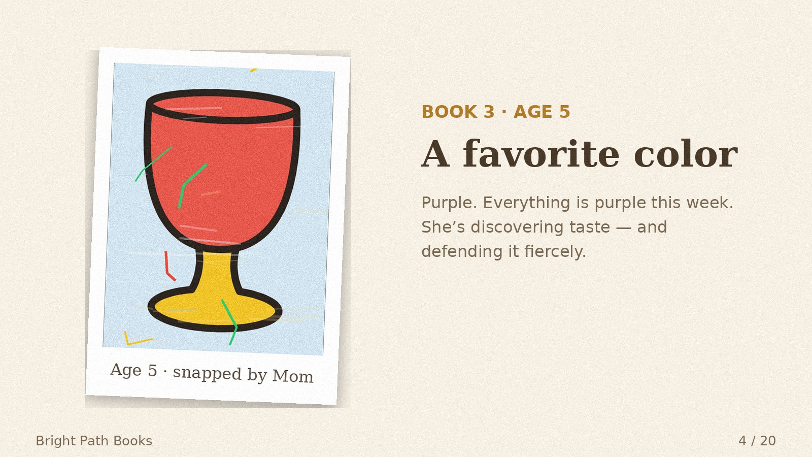 Parent's photo of her Book 3 coloring, age 5: a favorite color