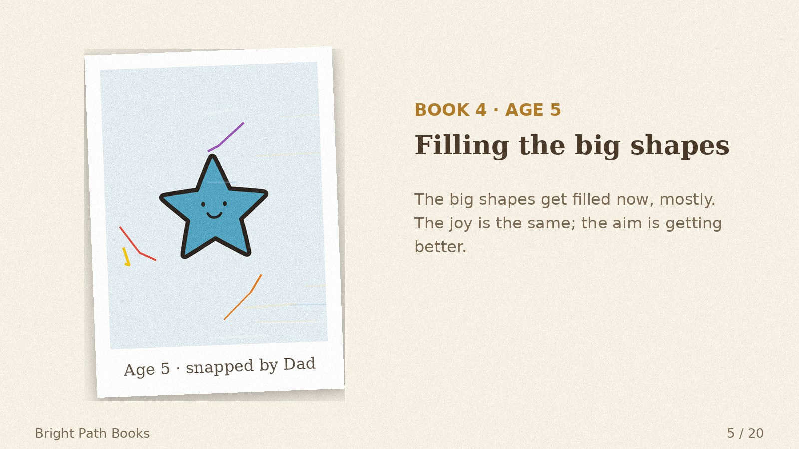 Parent's photo of her Book 4 coloring, age 5: filling the big shapes