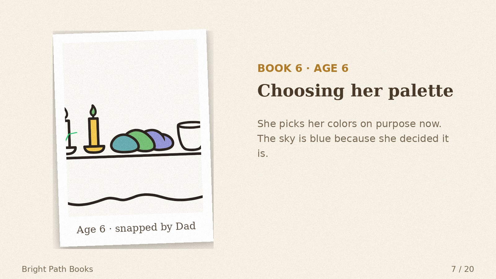 Parent's photo of her Book 6 coloring, age 6: choosing her palette