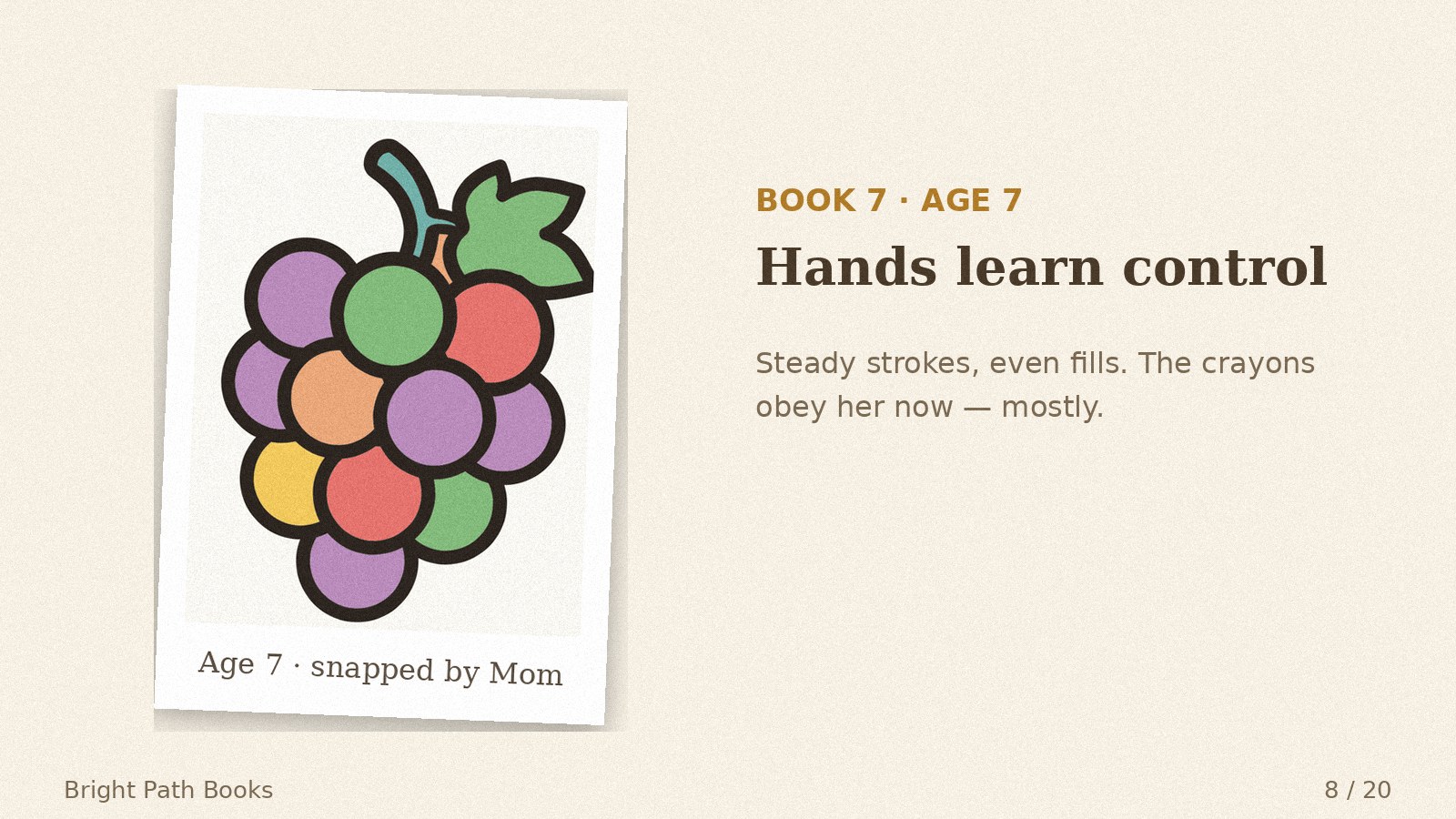 Parent's photo of her Book 7 coloring, age 7: hands learn control