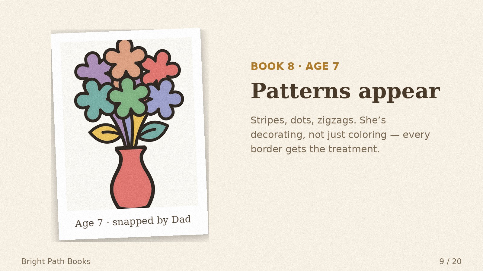 Parent's photo of her Book 8 coloring, age 7: patterns appear