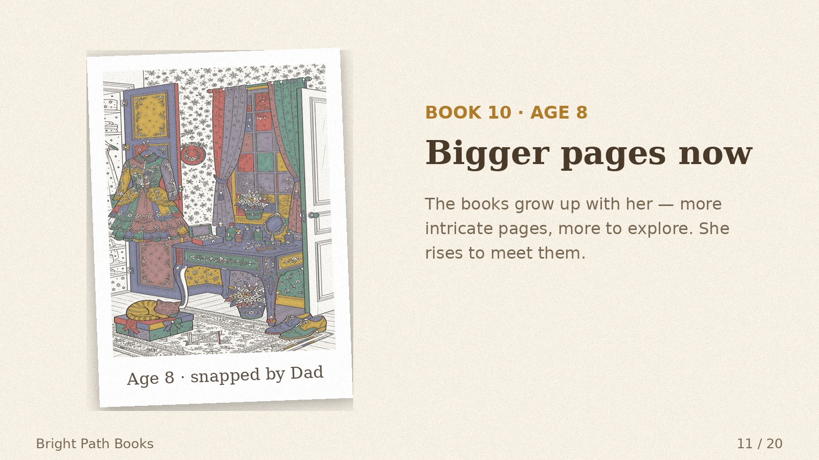 Parent's photo of her Book 10 coloring, age 8: bigger pages now