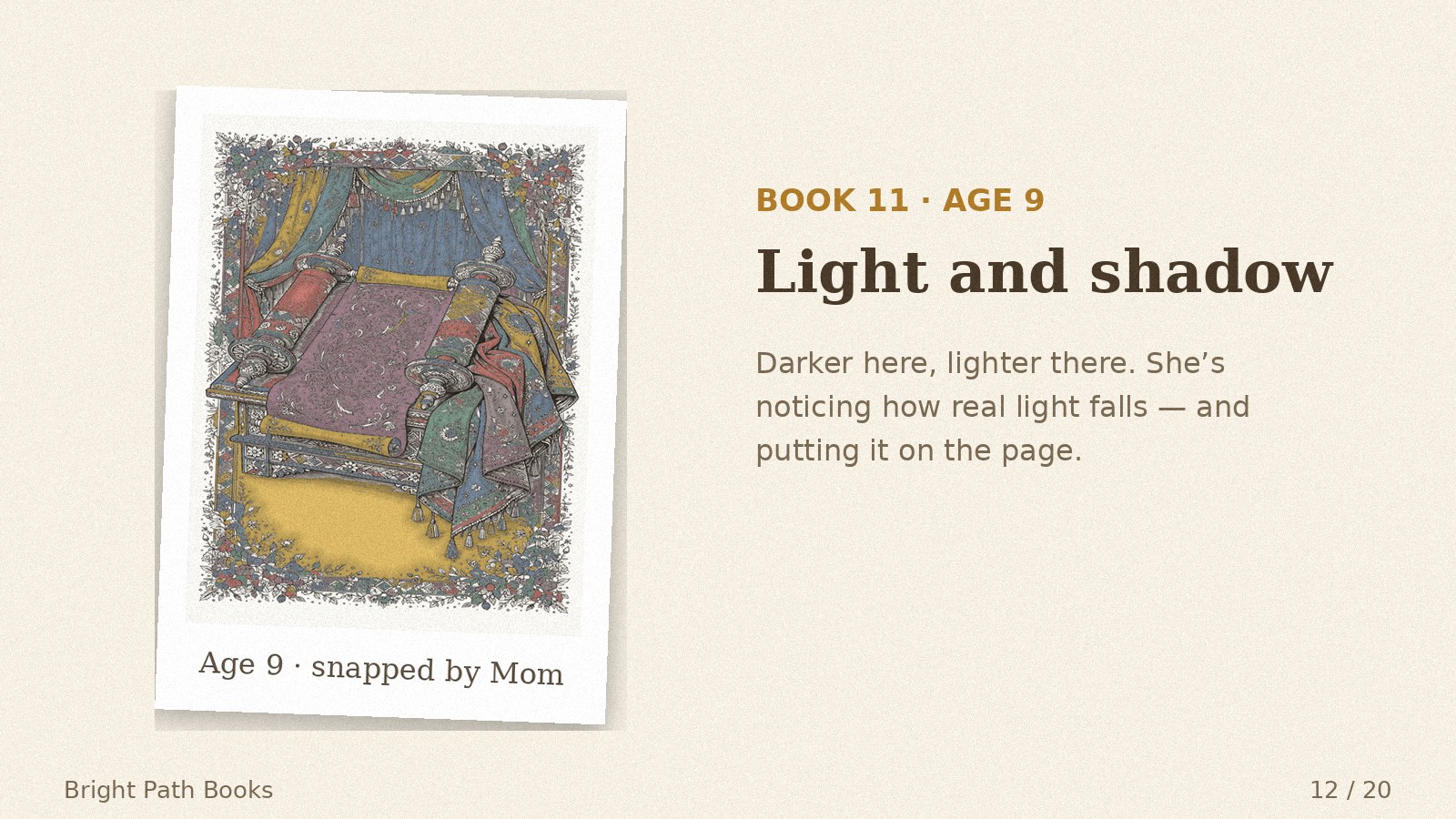 Parent's photo of her Book 11 coloring, age 9: light and shadow
