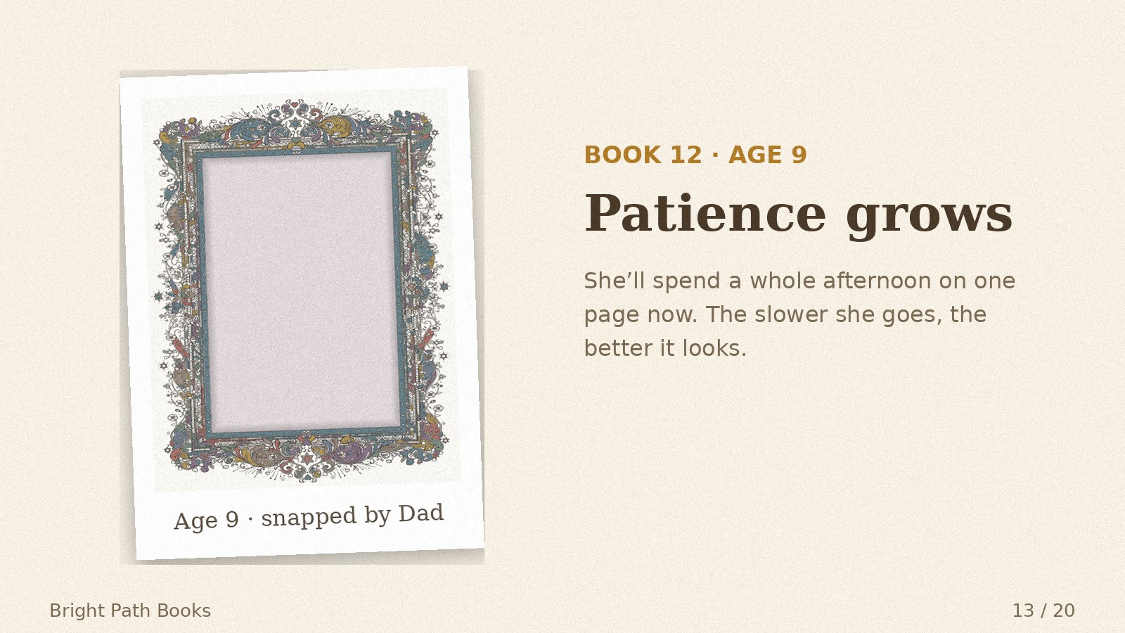Parent's photo of her Book 12 coloring, age 9: patience grows