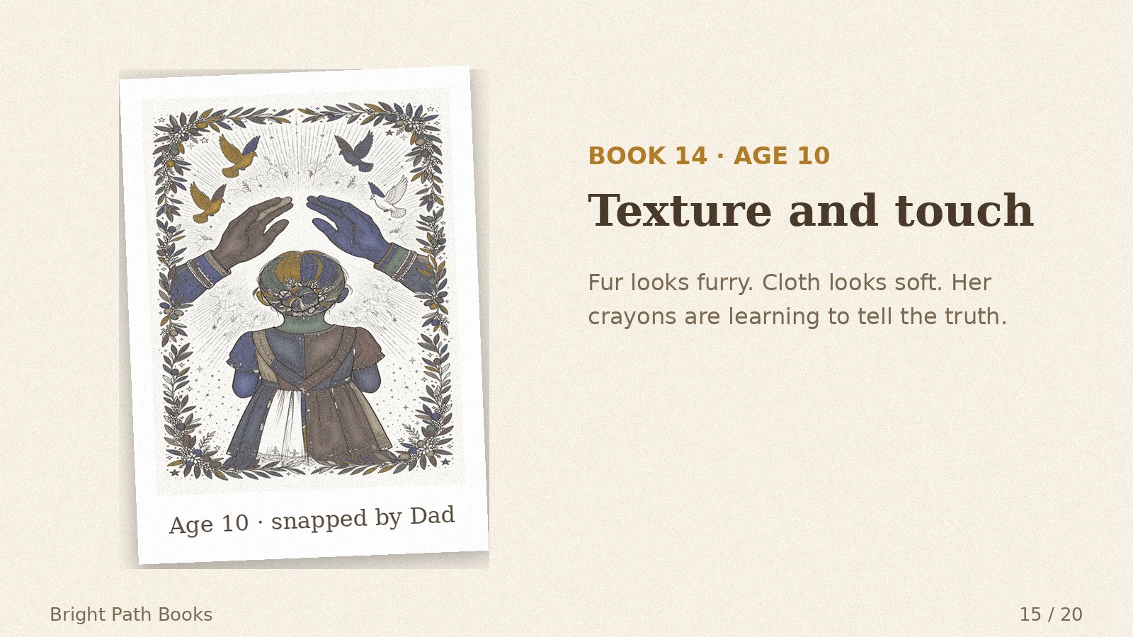 Parent's photo of her Book 14 coloring, age 10: texture and touch
