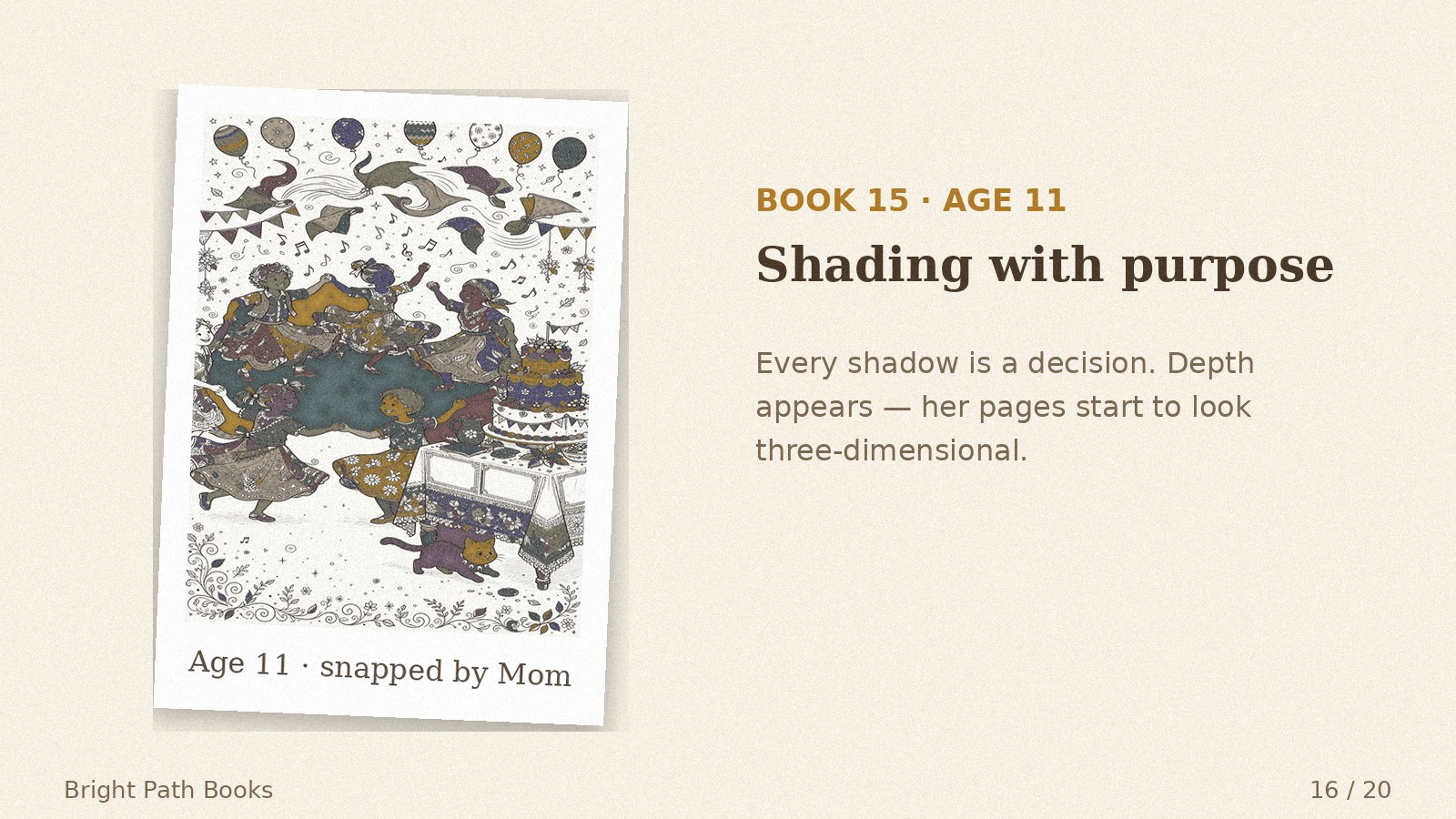 Parent's photo of her Book 15 coloring, age 11: shading with purpose