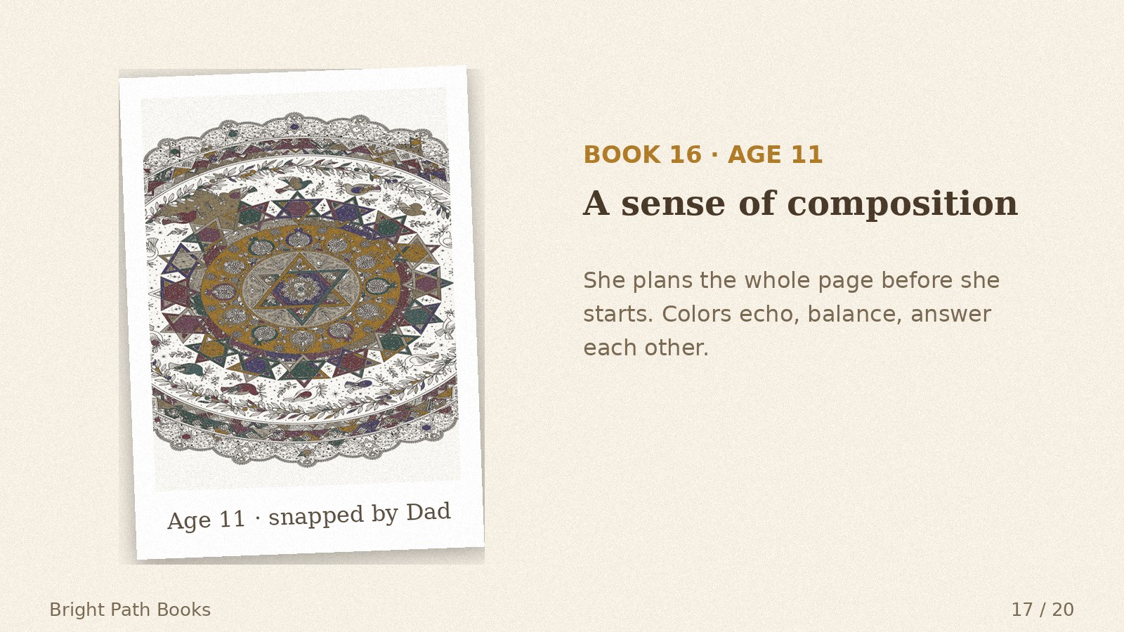 Parent's photo of her Book 16 coloring, age 11: a sense of composition