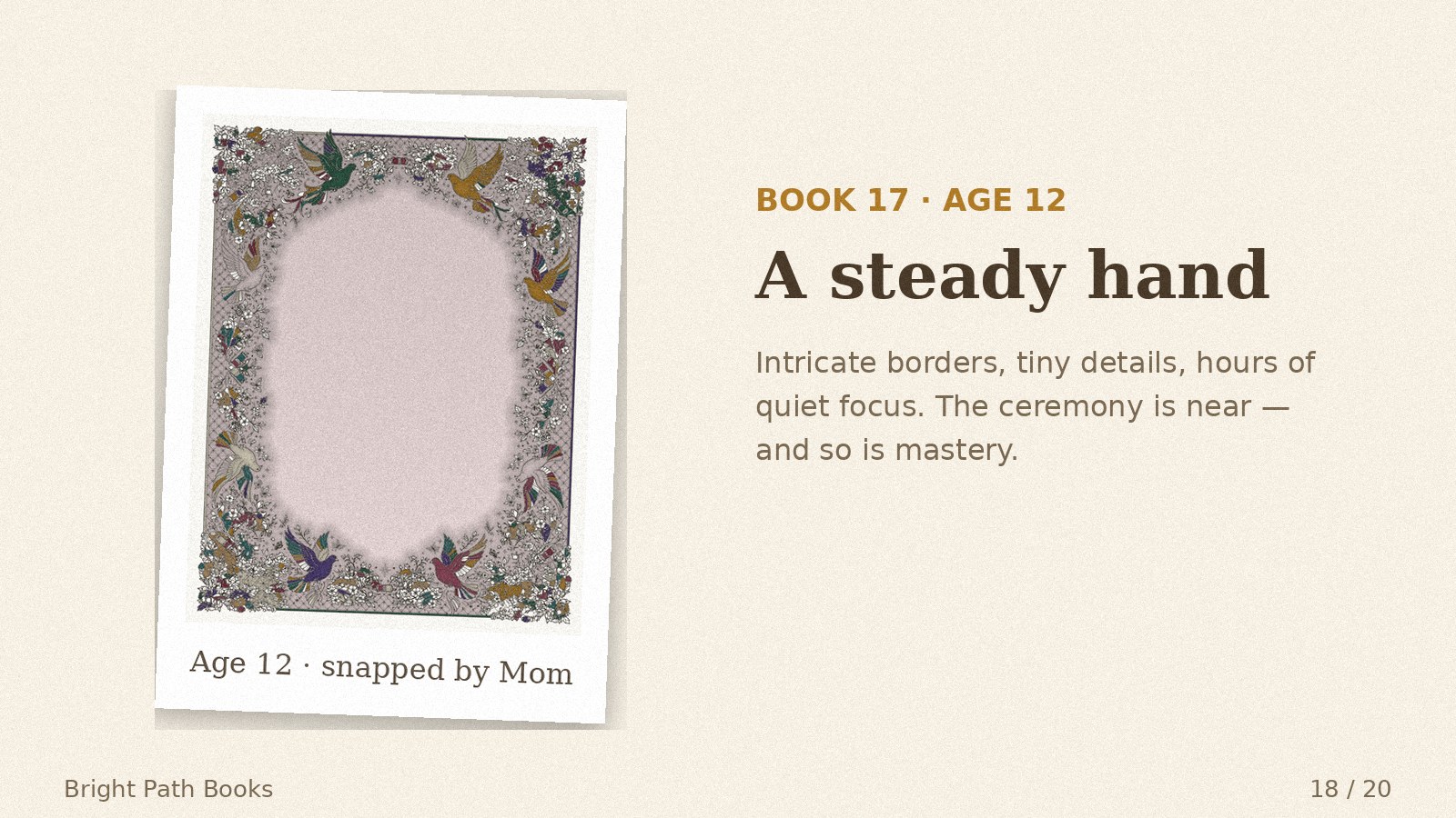 Parent's photo of her Book 17 coloring, age 12: a steady hand