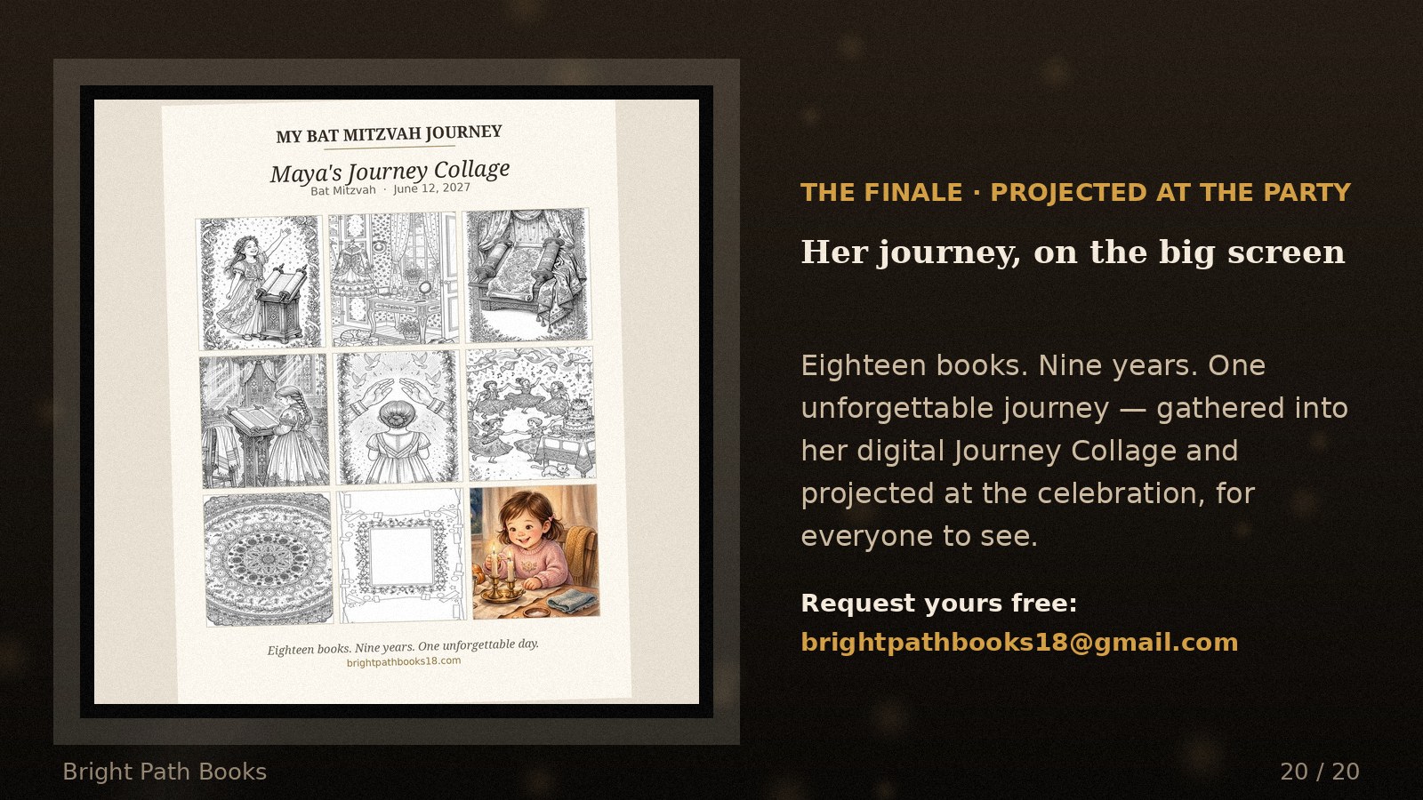 The finale: her digital Journey Collage projected on a big screen at the celebration